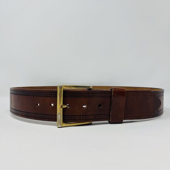 VTG Mens 34 Brown Tooled Leather Western Cowboy Belt Adjustable Gold Buckle Work - Picture 4 of 15